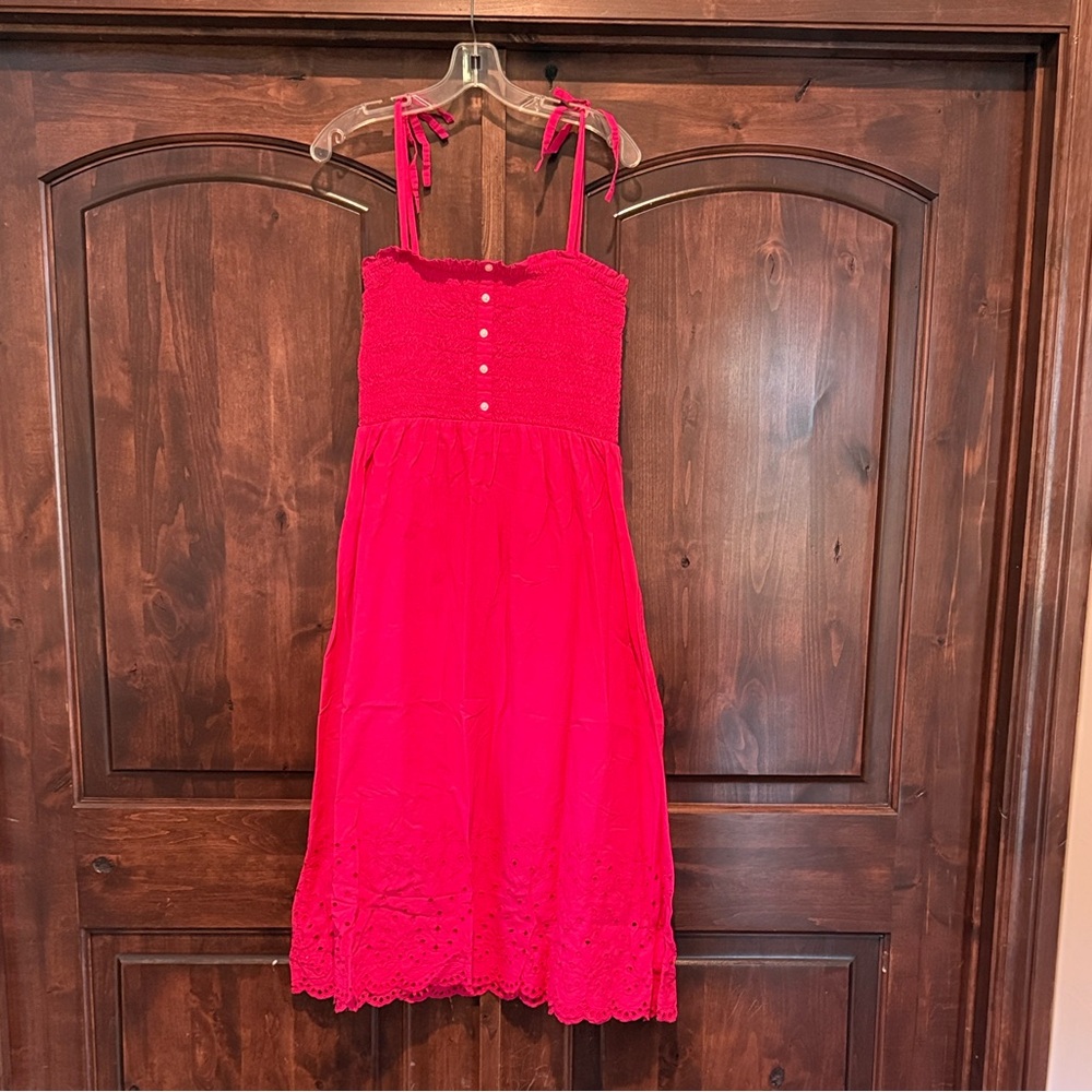 LOFT Bright Pink Smocked Smocked Eyelet Dress - Picture 4 of 9